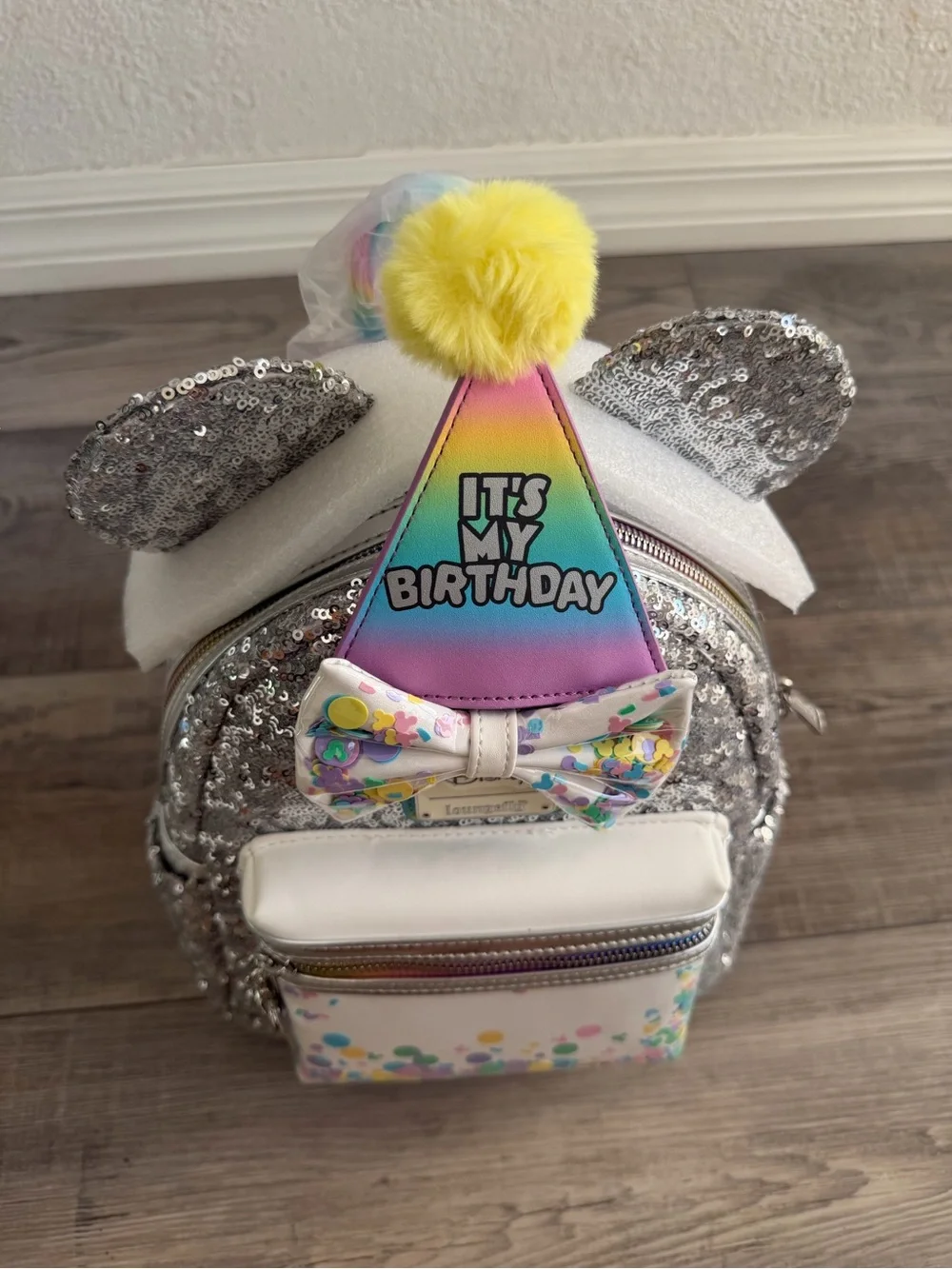 Loungefly 'It's My Birthday' Silver Sequin Mini Backpack NWT